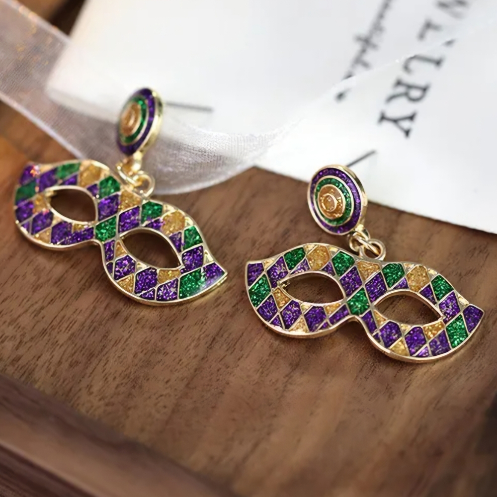 Mardi Gras Earrings Purple Green Gold Mask - Picture 6 of 11